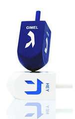 Close-up of The Dreidel Company blue and white 3-inch XL dreidel showing foil-embossed Hebrew letters.