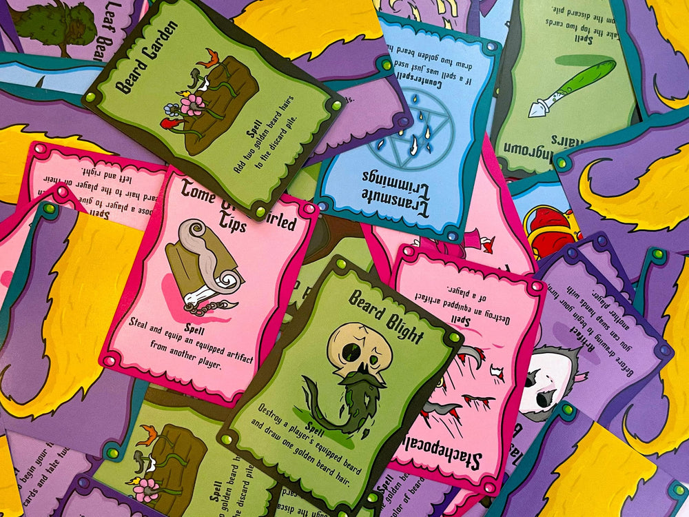 Artifacts of grooming cards showcasing magical items and strategic options