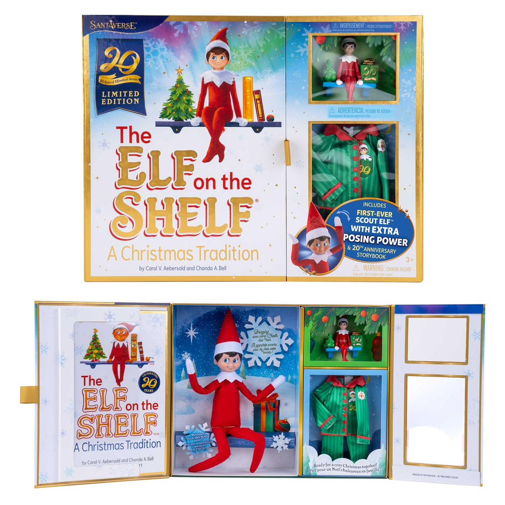 The Elf on the Shelf: 20th anniversary Scout Elf with flexible limbs for posing.