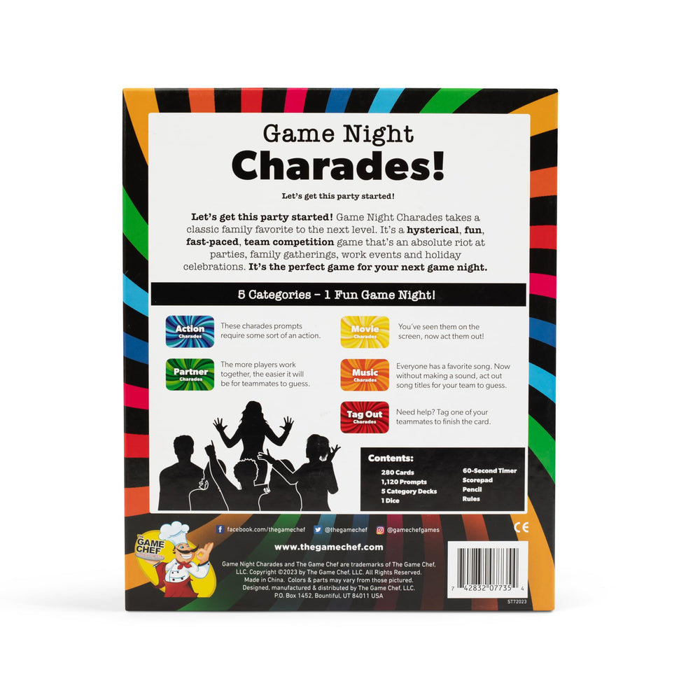 The GAME CHEF Game Night Charades gameplay scene shows teams guessing.