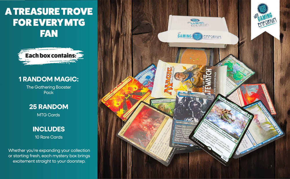 The Gaming Emporium MTG mystery box card spread hints at potential rare finds.