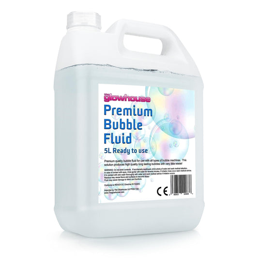 The Glowhouse Premium Bubble Solution 169 oz bottle creates big, vibrant bubbles for easy filling.