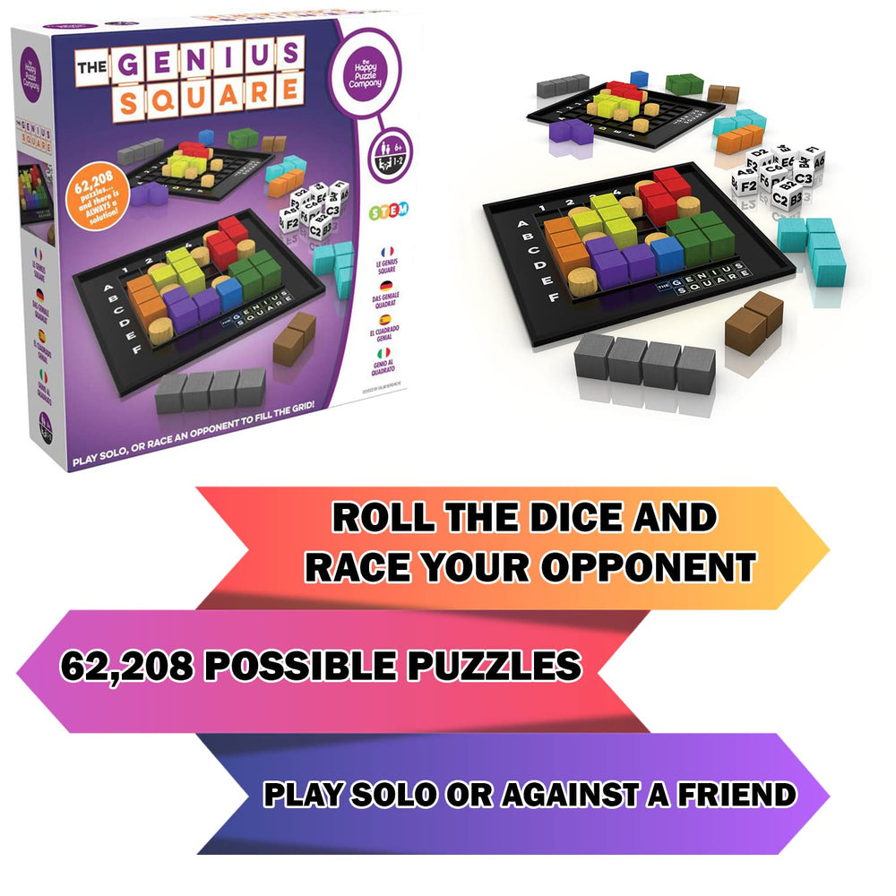 The Genius Square 6x6-grid setup demonstrates the puzzle surface by The Happy Puzzle Company.