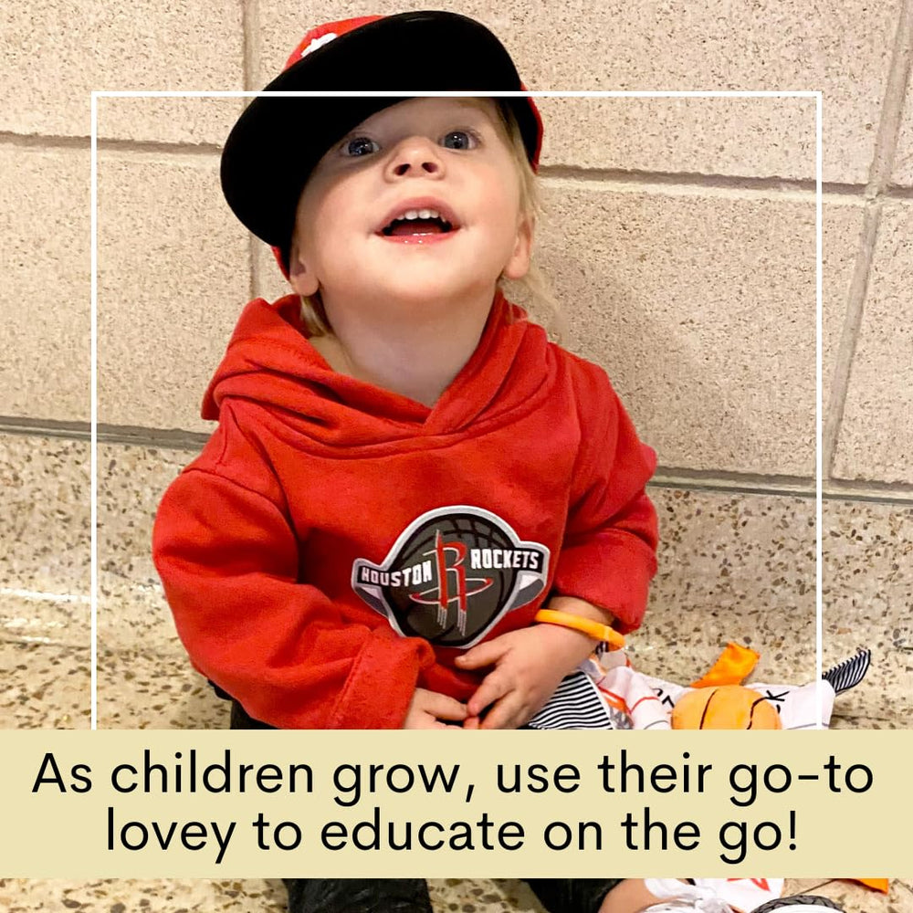 The Learning Lovey 10x10 sports lovey double-stitched durability for safe play.