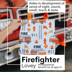The Learning Lovey fire lovey with sewn-in ribbons ensuring safer play