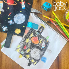 The Learning Lovey space pattern offers a travel-friendly soothing toy