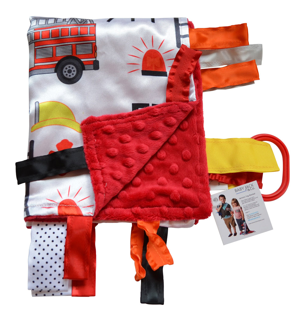 The Learning Lovey firefighter lovey blanket closeup for tactile exploration and comfort.