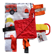 The Learning Lovey firefighter minky dot fabric provides soft backing for cozy hugs.