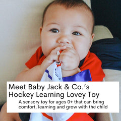 The Learning Lovey ice rink pattern lovey tag promotes color and shape learning