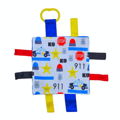 The Learning Lovey police blue line lovey crinkle toy promotes tactile exploration.
