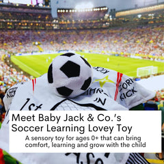 Close-up of sensory tag toy with stroller clip attachment