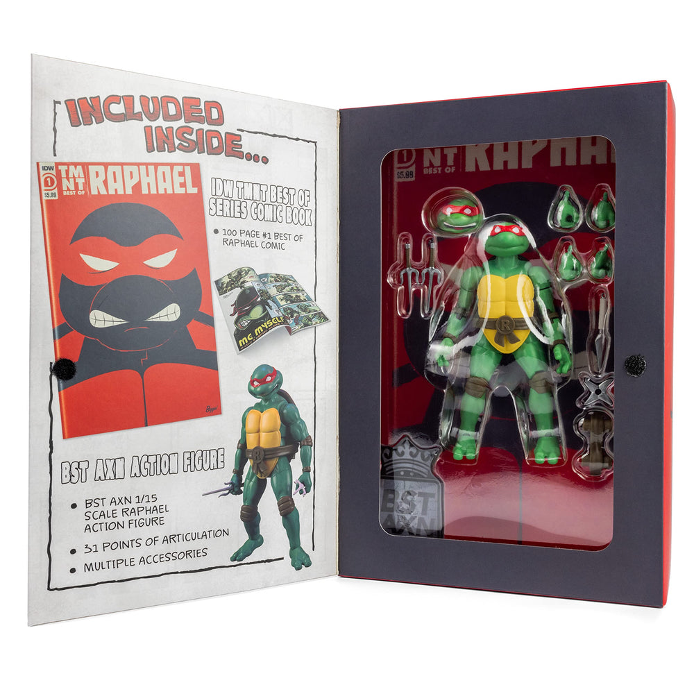 Exclusive IDW Best of Raphael 100-page comic behind the figure