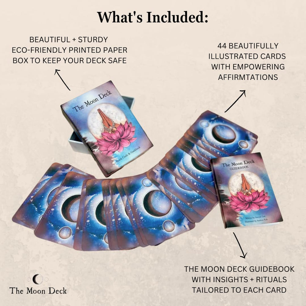 The Moon Deck guidebook open, showing rituals for emotional balance