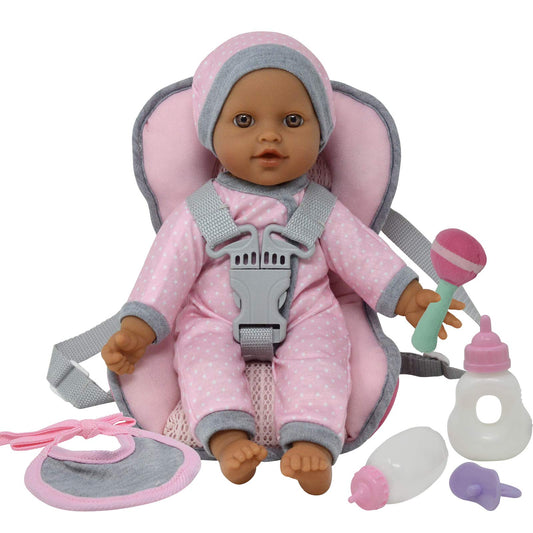 The New York Doll Collection baby doll car seat in travel-ready play setup.