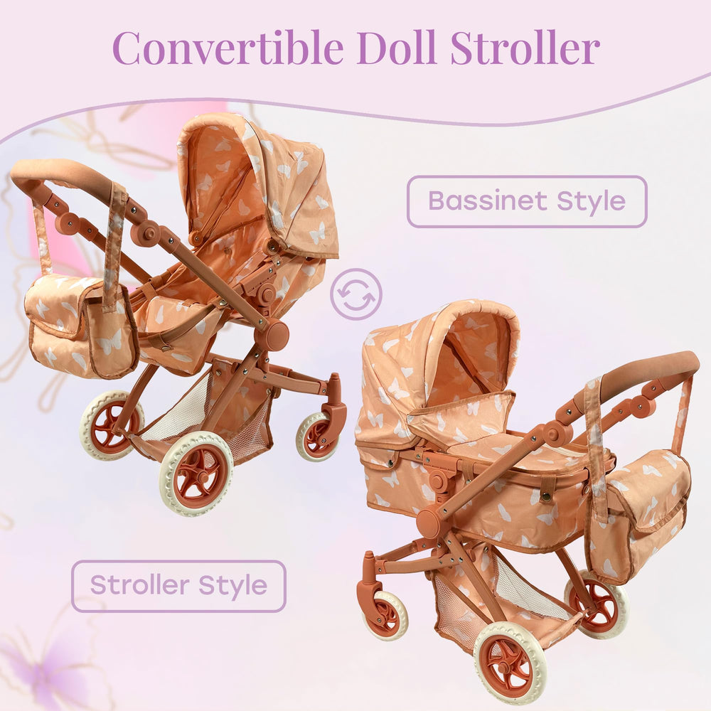 Side view of The New York Doll Collection stroller with 2-in-1 bassinet and seated mode