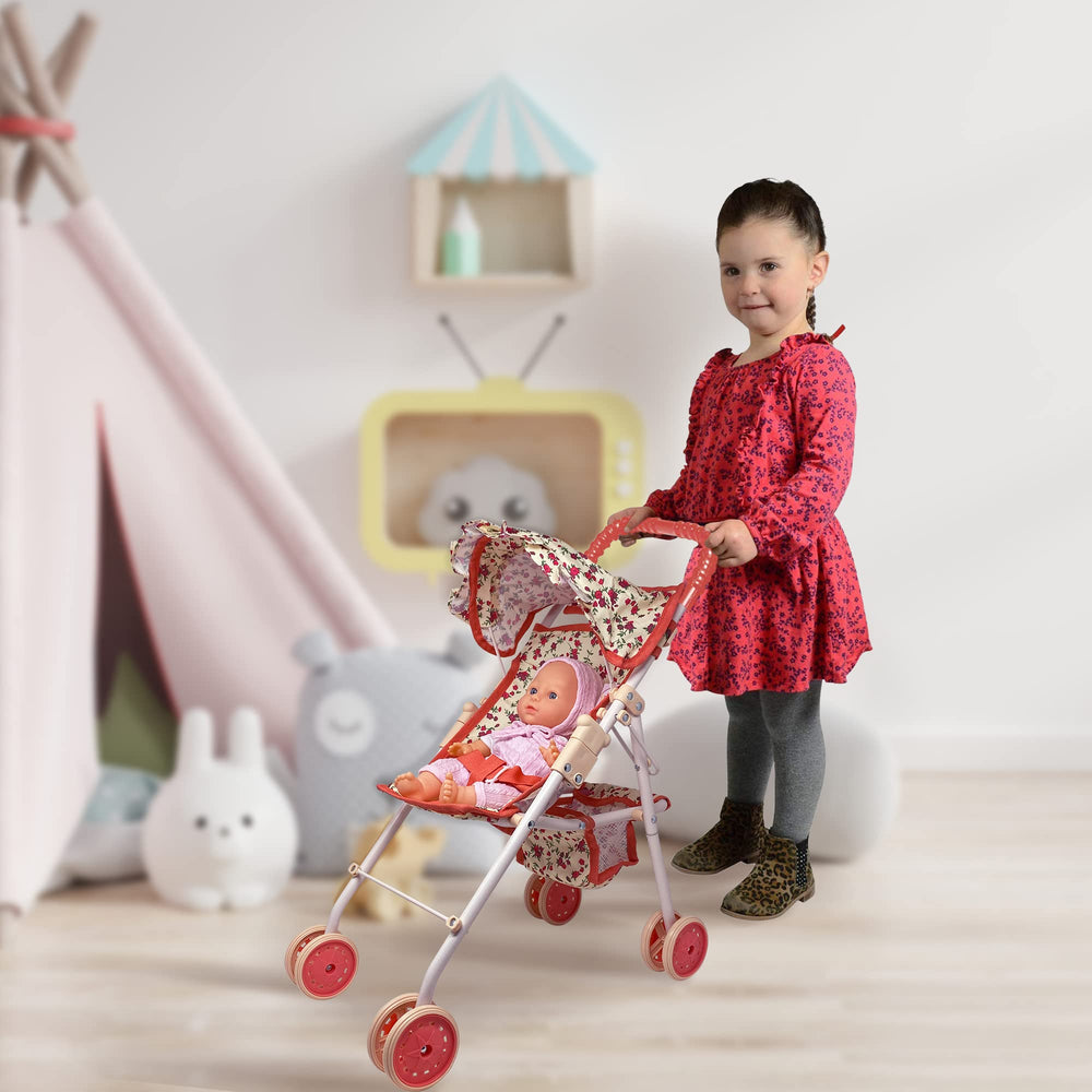 My First Baby Doll Stroller canopy provides shade for outdoor pretend play adventures.