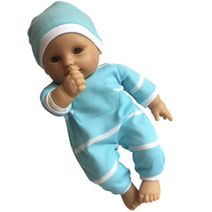 The New York Doll Collection polka-striped onesie on a cute baby doll.