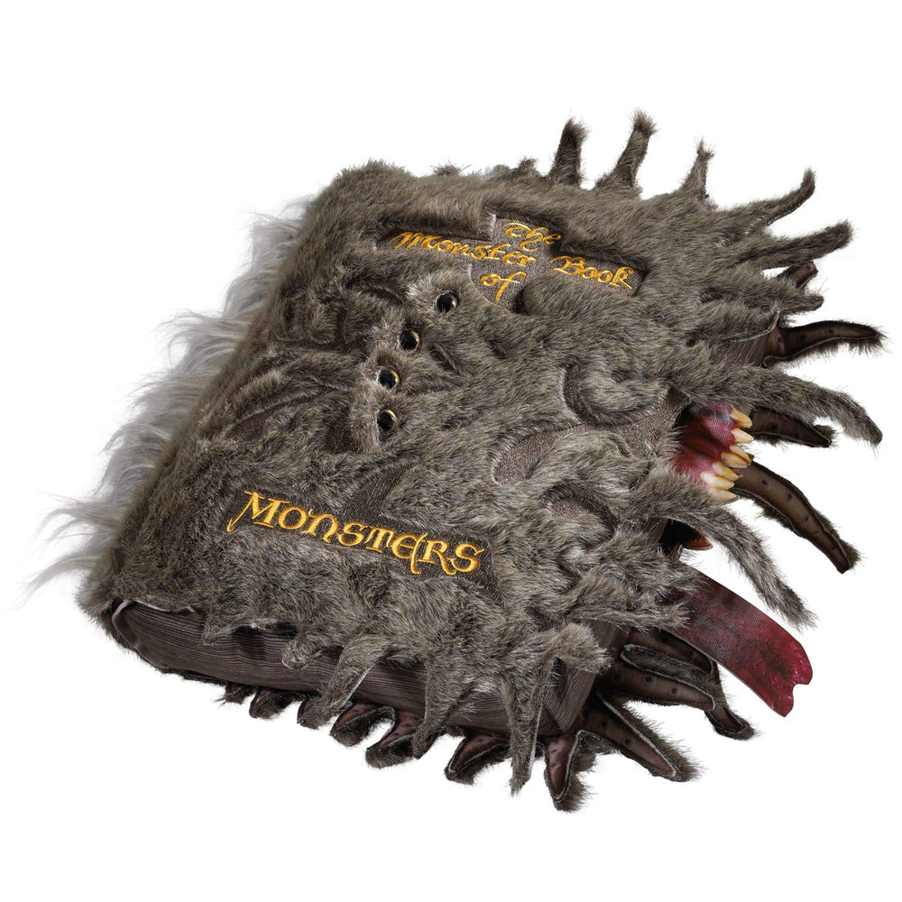 The Noble Collection Monster Book of Monsters plush side view, enhances a Hogwarts inspired display.