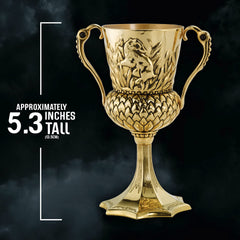 The Noble Collection Hufflepuff Cup badge detail featuring the badger motif.