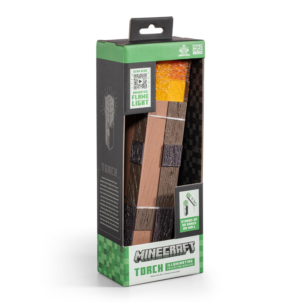 The Noble Collection Minecraft Torch Illuminating Collector in a bedroom enhances game-room ambience.