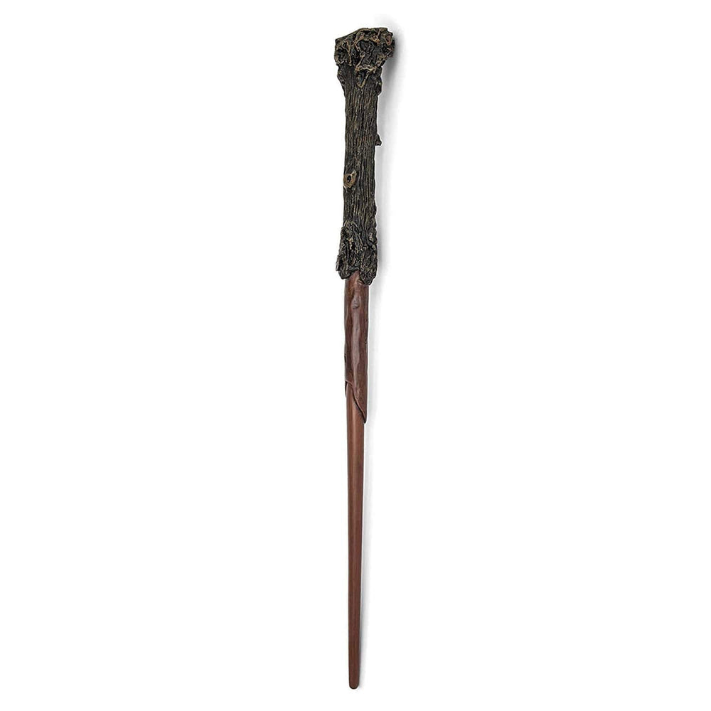 The Noble Collection wand box replica shown beside the wand for authentic display.