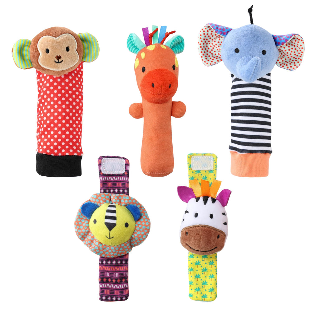 The Peanutshell sock rattles with safari animals in bright contrast to engage baby's vision.