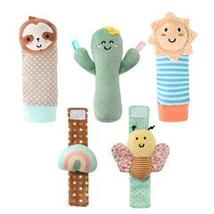 The Peanutshell sock rattles highlight high-contrast visuals to captivate newborn attention.