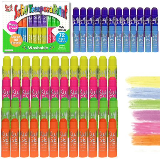 Kwik Stix neon 72-color set packaging highlighting mess-free, quick-dry painting for kids.