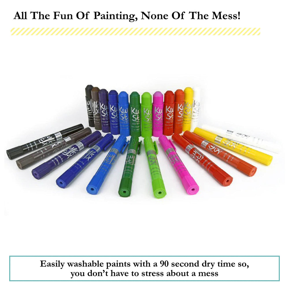 Washable Kwik Stix paints washing off easily after creative play.