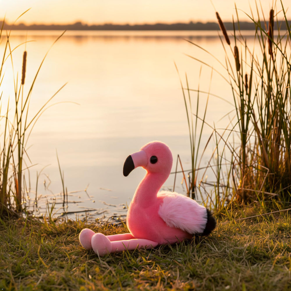 The Petting Zoo Flamingo Plush measures 6 inches, ideal for travel.