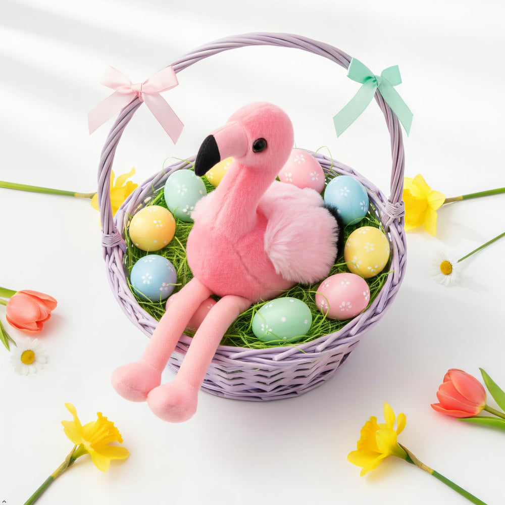 The Petting Zoo Flamingo Plush texture details show soft fabric.