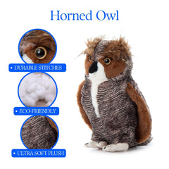 The Petting Zoo horned owl plush eco design uses recycled bottles.