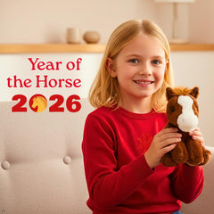 The Petting Zoo horse plush features a long brown tail, inviting touch and imaginative play.