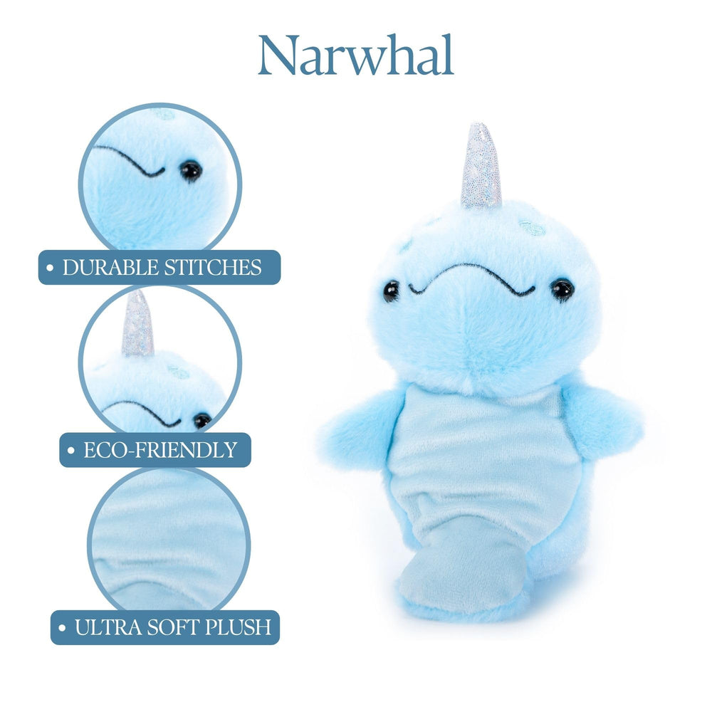 The Narwhal plush uses recycled filling for sustainable toy making.