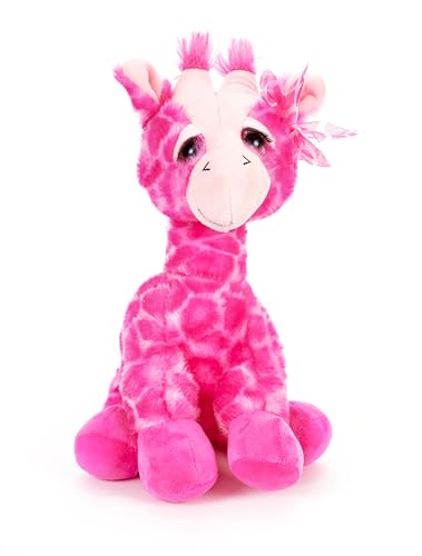 The Petting Zoo pink giraffe in a sitting stance invites cuddles and display.