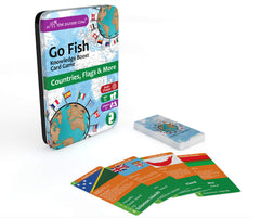 The Purple Cow Go Fish playing cards showcase flags and landmarks for engaging geography play.