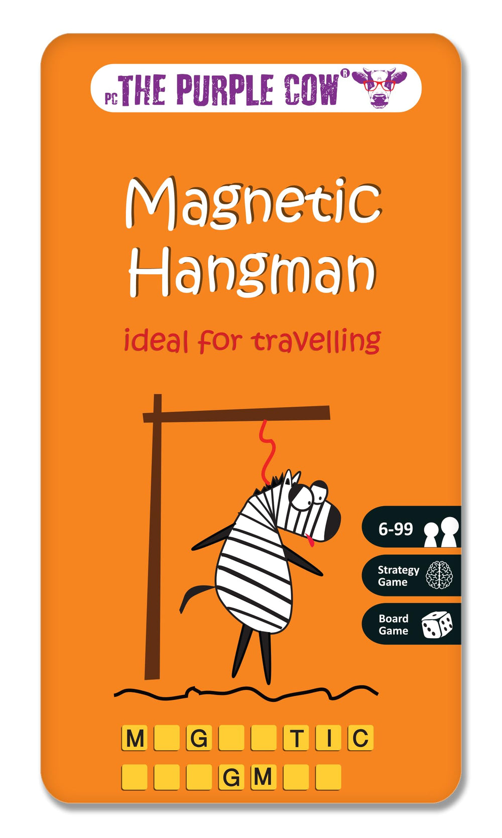 The Purple Cow To Go Hangman Game in a compact tin case for travel.