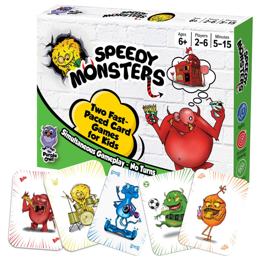 The Purple Owl Speedy Monsters card pack spread for fast, screen-free play.