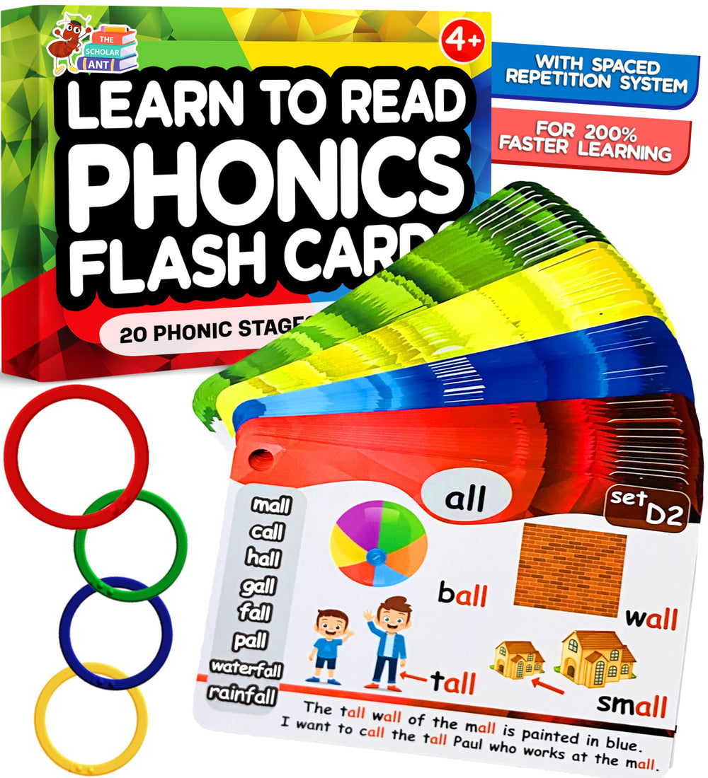 The Scholar Ant phonics flash cards in hand encourage structured reading practice.