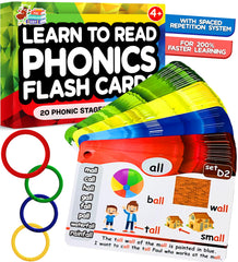 The Scholar Ant phonics flash cards in hand encourage structured reading practice.
