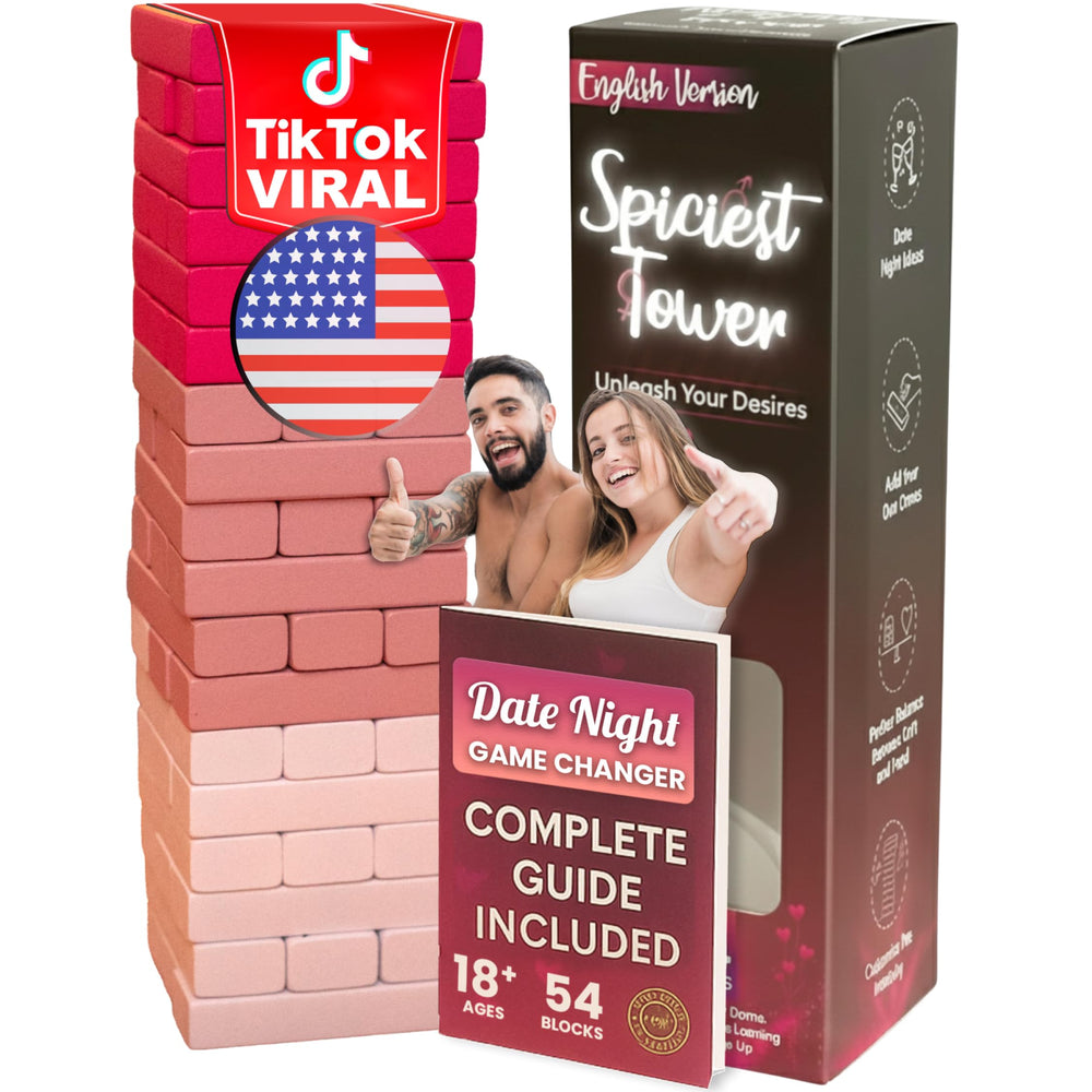 The Sensual Lab 54 Pink Blocks closeup showing spicy dares for couples on date night.
