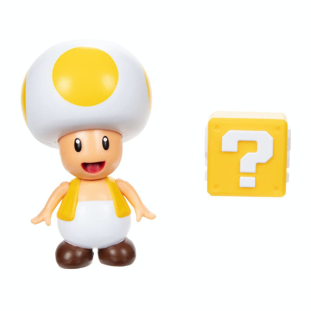 THE SUPER MARIO BROS. MOVIE Yellow Toad figure beside a ? Block, ideal for shelf display.