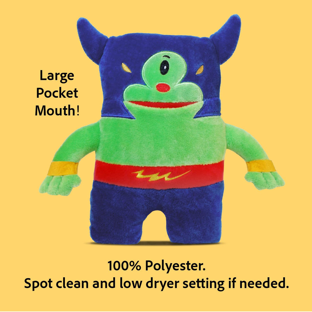 Arms, legs, and tiny horns aid locating the plush in the dark.