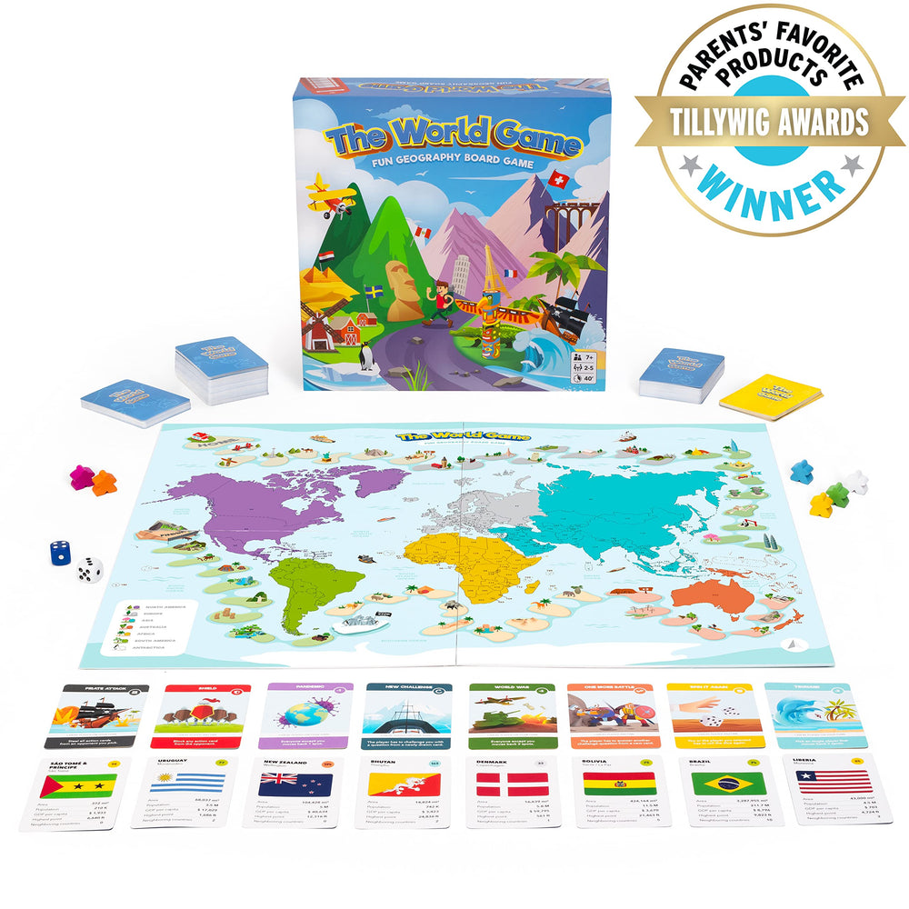 The World Game cards with facts highlighting country capitals and flags.