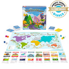 The World Game cards with facts highlighting country capitals and flags.