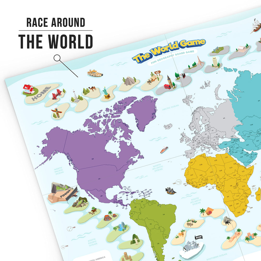The World Game landmarks and flags image promoting geography exploration and curiosity.