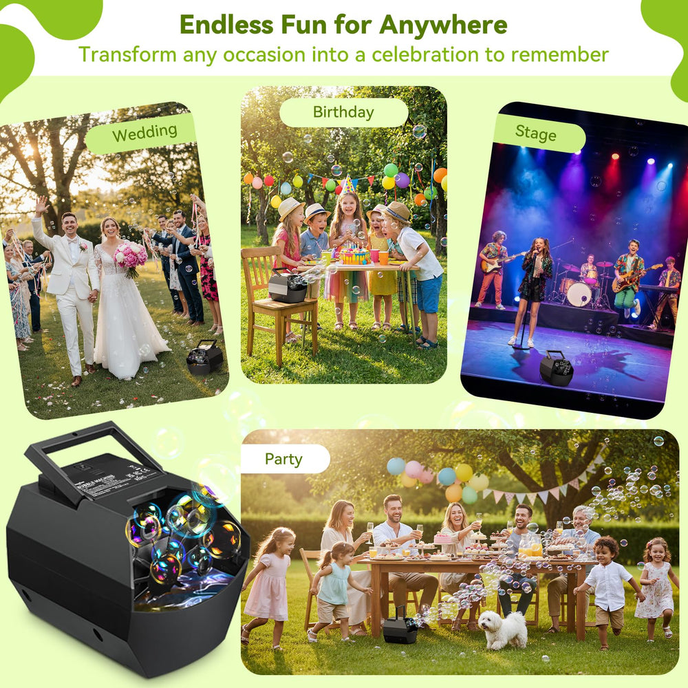 Theefun Bubble Machine is ready for events like weddings or garden parties.