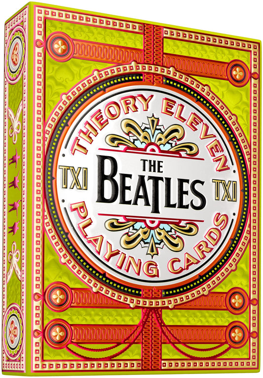 theory11 Beatles Green Deck box front with Sgt Pepper-inspired design for display.