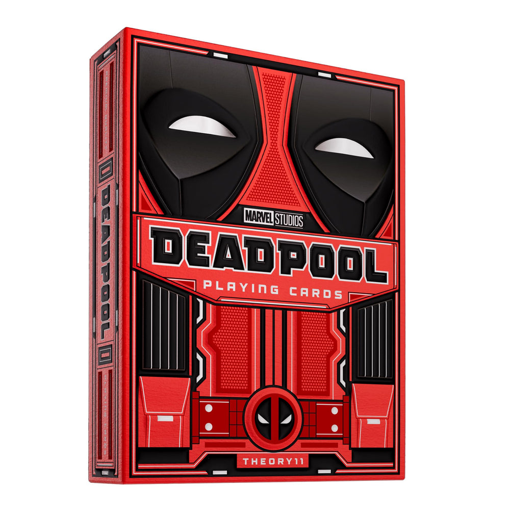 Theory11 Deadpool Premium Playing Cards box design showcases iconic suit-inspired packaging.
