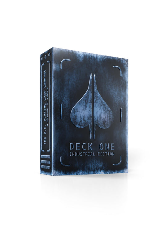 theory11 DeckONE industrial box with gunmetal finish enhances shelf appeal and gifting.
